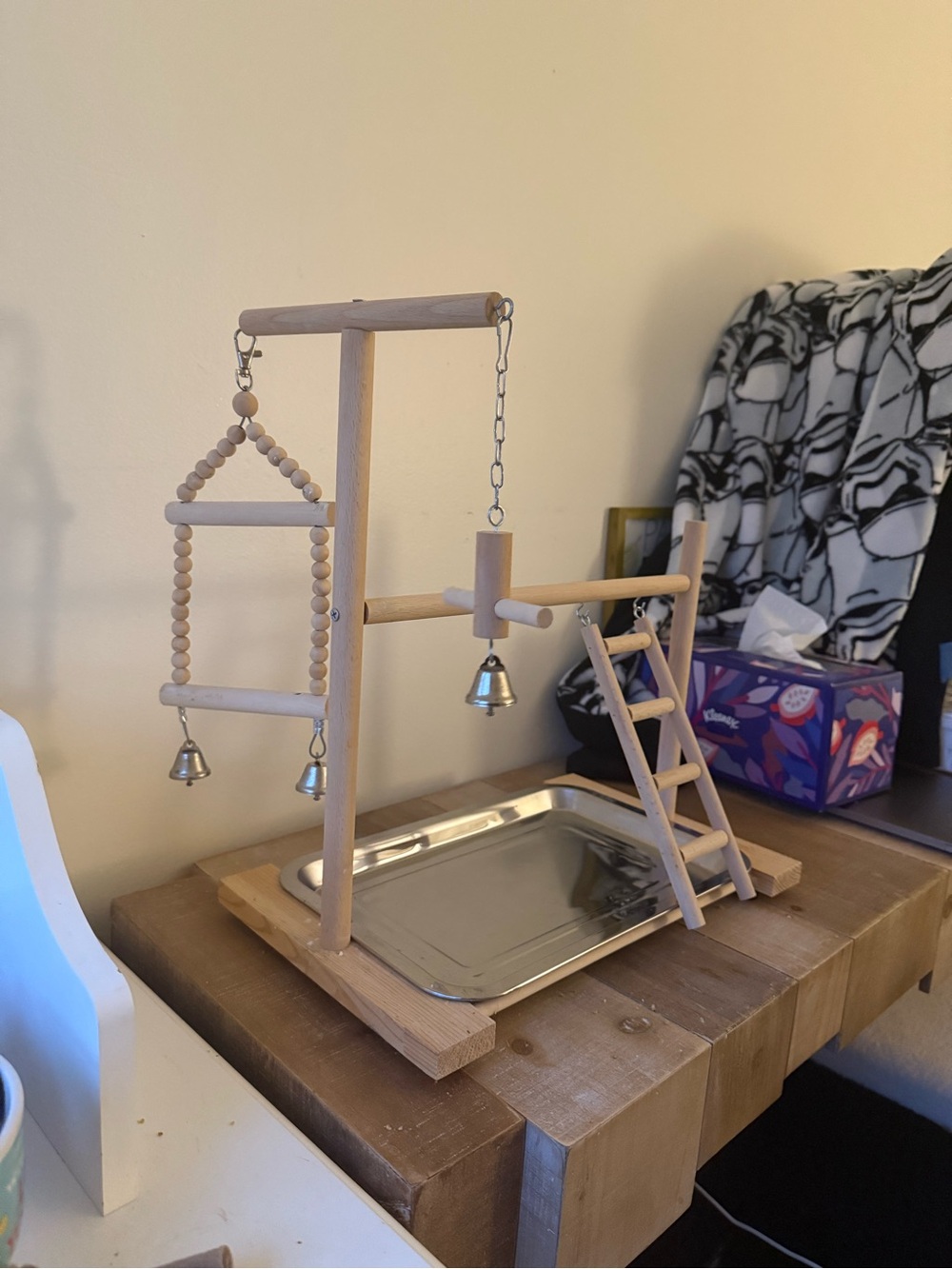 Wooden Bird Playstand with Bells - Natural Wood